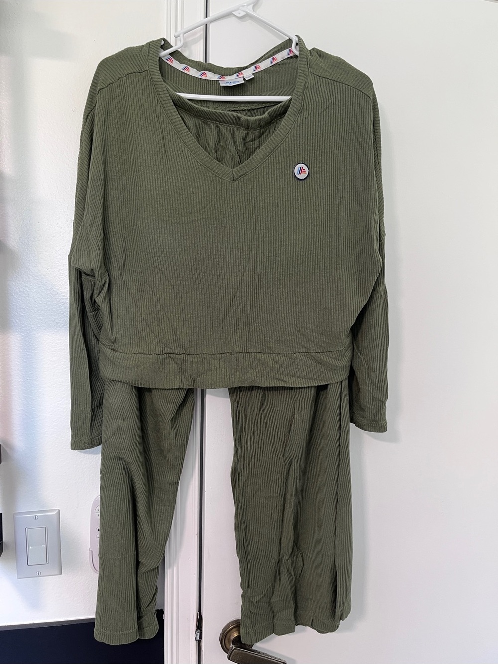 Olive Ribbed V-Neck Pajama Set - Brand: - Picture 1 of 3